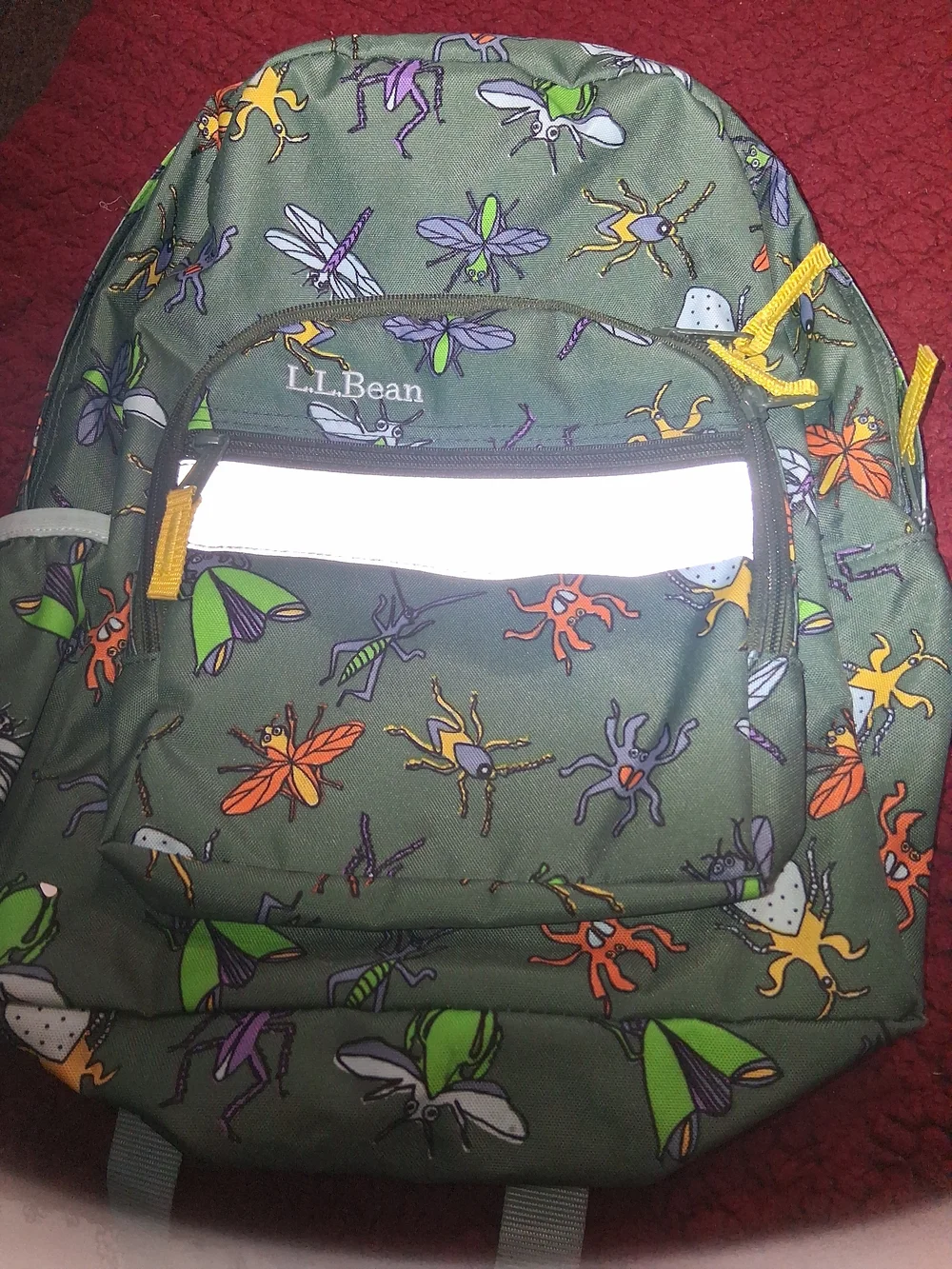 L.L. Bean Olive Green Kids Backpack with Colorful Bug Print